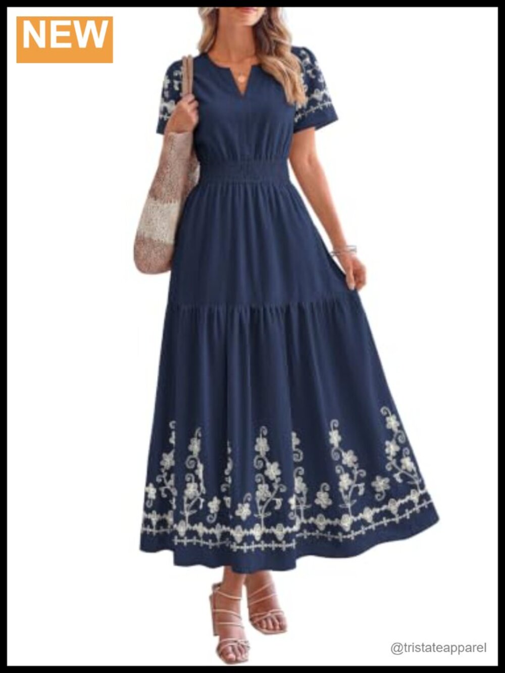 Women's Floral Embroidered V-Neck Maxi Dress Short Sleeve A-Line Boho